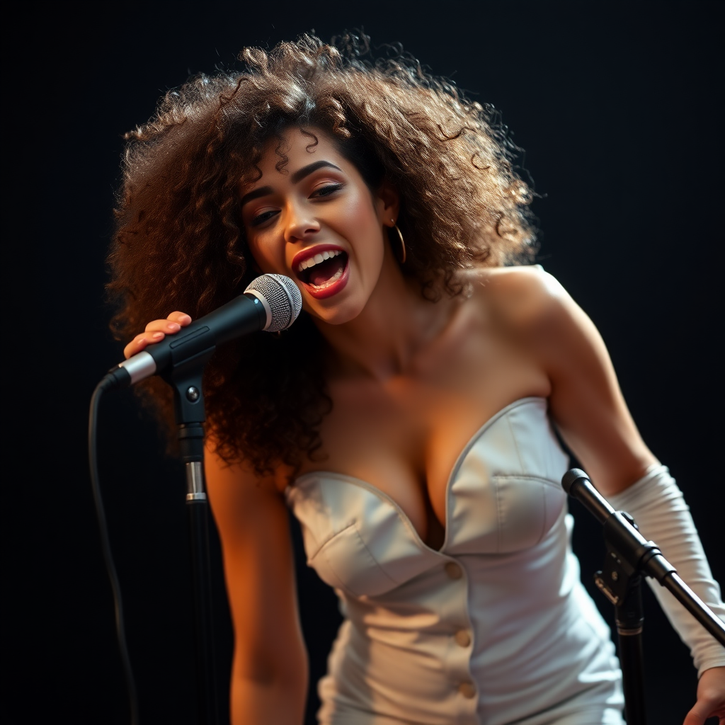 energetic beautiful woman, age 24, curly hair, very very busty, white leather clothes, singing in front of microphone, leaning forward, black background, from distance