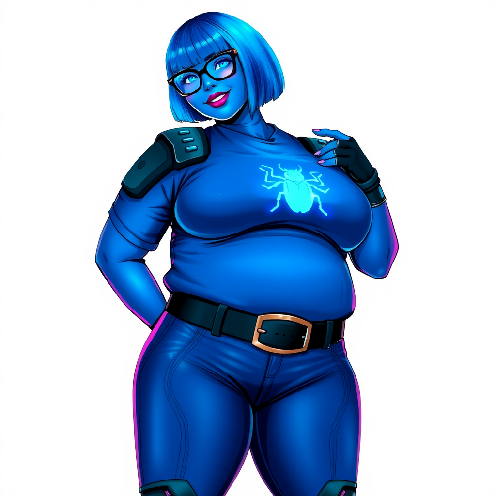 A 28-year-old, full-figured, metallic maximum blue (5PB 5/12) skinned computer program hybrid with a maximum blue bob cut. She has a non-athletic build, highlighted by a prominent, round, large midsection (with full emphasis on her large belly), which shows the effects of her new love of junk food acquired from her boyfriend. As the full-figured, nerdy, digital sidekick to her cyberpunk vigilante boyfriend, her metallic maximum blue skin and maximum blue lipstick (5PB 5/12) emphasize her digital nature. Her skin has a subtle, animated glow, with digital patterns occasionally flickering across it, making her digital nature obvious. She wears a digital, computerized costume, consisting of a huge, tight-fitting, maximum blue t-shirt (5PB 5/12) with a neon blue glowing chest icon of a beetle, hi-tech shoulder pads with neon blue accents, a black hi-tech belt with a digital neon blue glowing buckle, digital maximum blue biker pants (5PB 5/12) with neon blue accents, and black hi-tech fingerless biker gloves with neon blue glowing accents. Her neon blue glowing eyes, black eyeglasses with neon blue glowing lenses equipped with a built-in HUD, and bashful smile with neon red blush accentuate her nerdiness. She stands bashfully with one hand behind her back and the other hand gently touching her cheek, her costume covering all her skin and fully emphasizing her full-figured physique (especially her large belly). She is clearly non-athletic, with a focus on her full-figured physique. Despite her build, she radiates beauty. She has a slim face compared to her physique, accentuating her radiant beauty. She is on a solid white background. She is drawn as if she were in a retro 2D cyberpunk fighting game.