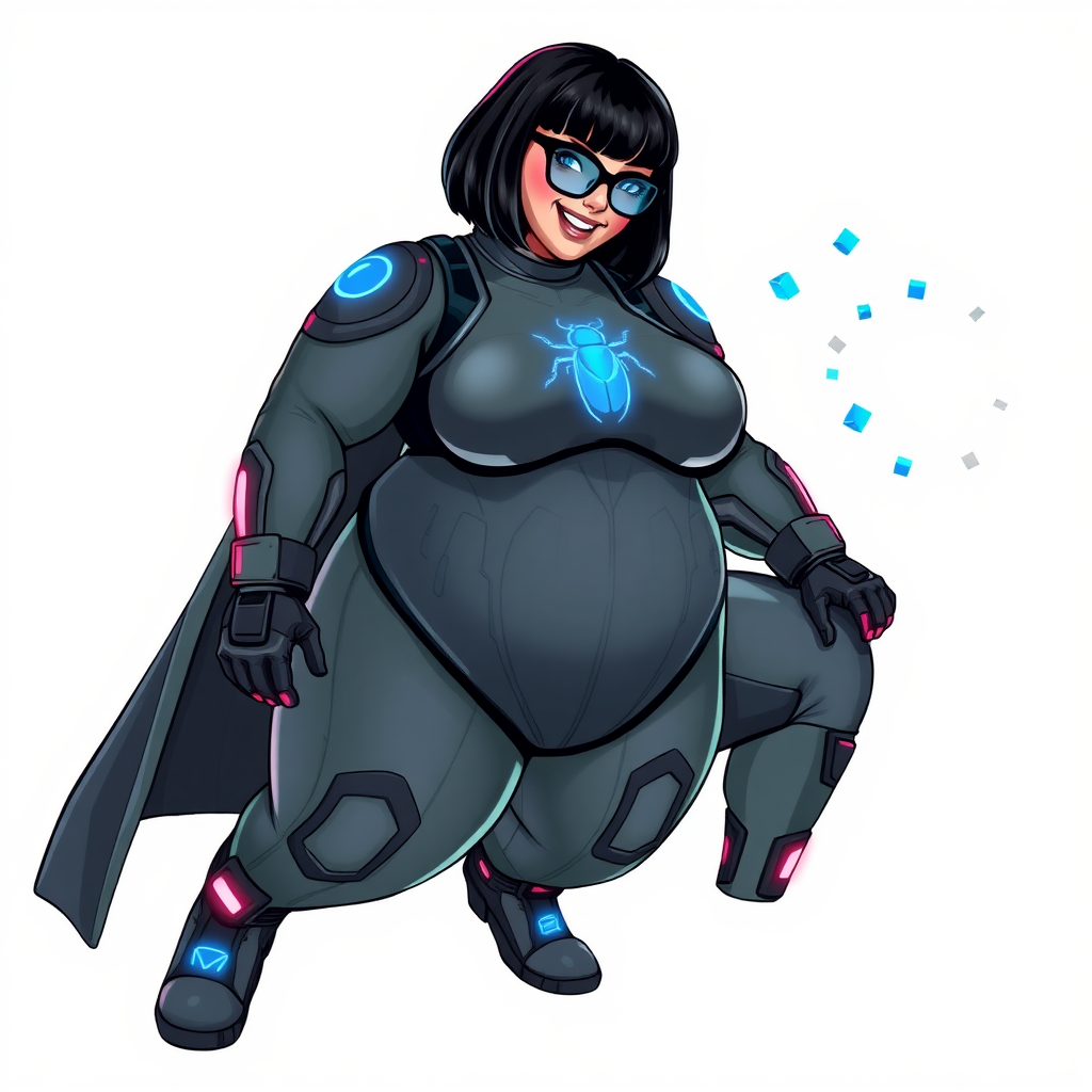 A heavily, extremely, and intensely pampered nerdy full-figured middle gray digital sidekick, a 28-year-old computer major, has been transformed by her doting vigilante boyfriend. Her distinct, metallic, middle gray skin and bob cut appear to blend together simulating computer data, and her neon blue eyes glow with intelligence. Her full-figured physique, now showcasing a large round midsection, thick limbs, and broad shoulders, contrasted by a slim face, clearly reflects her indulgence and pampering. Her full figure is prominently highlighted, with her prominent, large, round midsection and thick limbs emphasizing her pampered sidekick status. As the loyal and supportive sidekick, she plays a crucial role in their missions, using her digital prowess to assist and protect.

She wears a digital middle gray bodysuit with a neon blue glowing scarab beetle chest icon, digital middle gray boots with neon blue glowing scarab beetle themed accents, and matching high-tech gloves with matching accents. She bashfully giggles with a neon red blush, emitting neon blue data cubes from her body. Her full figure clearly shows how pampered she is. Her nerdiness is accentuated by her black oversized eyeglasses.

Her outfit, influenced by DC’s Jennifer Knight Phantom Lady, remains distinct. Adding to her pampering, she serves as his minicomputer, traveling in his high-tech wristwatch and supercar’s computer system. Using her ability to hack into computers and machines, she relays crucial knowledge relating to his missions.

Her prominent, large, rounded midsection and thick limbs are on full display, emphasizing her indulgence and pampering while maintaining her nerdy physique. She is on a solid white background. She is drawn as if she was in a retro 2D cyberpunk fighting game. Ensure her midsection is round.