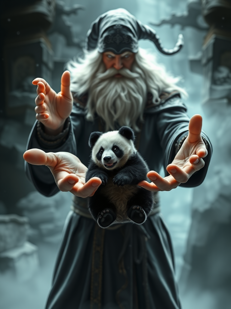 A great wizard holding out his open hand, inside the hand is a small panda bear. The bear looks worryingly at the wizard.