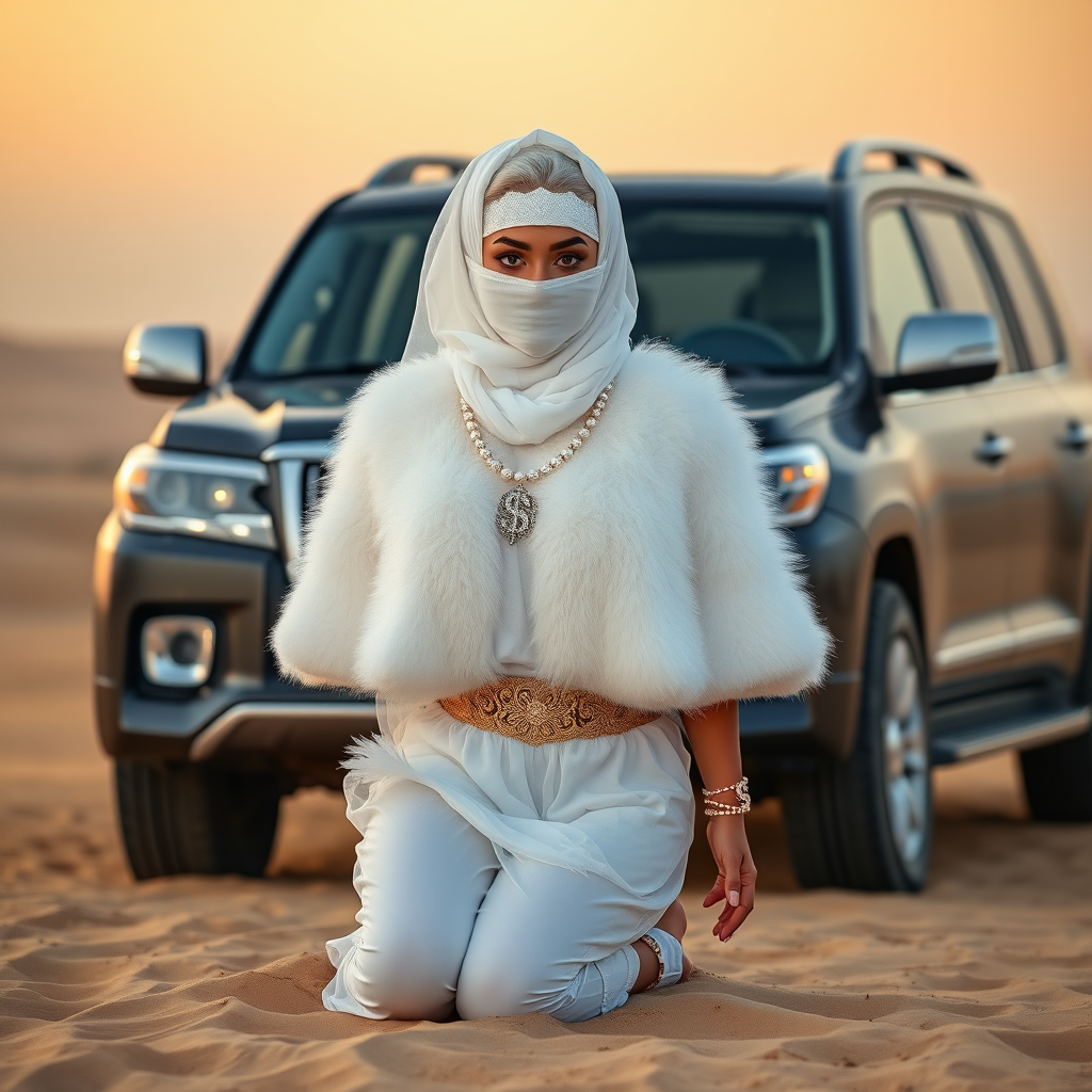 Kuwait desert dunes misty dawn, full size luxury SUV: Melissa, European 17 years old very convincing femboy “trophy-bimbo”, tamed servile docile, very beautiful feminine flawless face, rather short, by hormones very curvaceous womanly figured, platinum blond short tight curls, bold red lips, heavily made-up face, wearing Supertanya-style fluffy very fuzzy bright white angora turtleneck-poncho cropped ending under bust decorated with pearls and gemstones, striking oriental wide gold bridal protection belt, white fully transparent harem pants, full Oriental bridal jewelry, face covered by white sheer full Burka, coin anklets, striking diamond “$$$” letter brooch on left chest, pout frustrated, hands tied behind back, kneeling in sand in front of SUV, looking at camera. Focus on face and turtleneck-poncho.