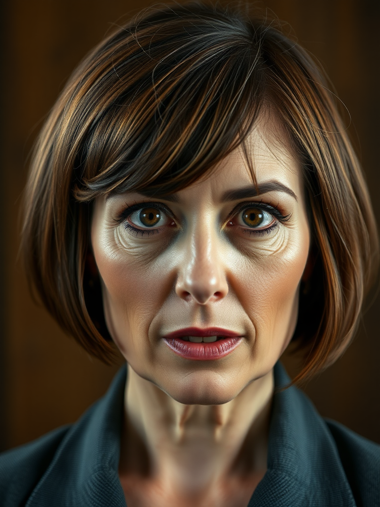 mature secretary, short brown bobcut, swept bang, brown piercing eyes, thick dark eyebrows, big nose, big mouth, big yellowish teeth, moles, skin imperfections, youthful, severe expression