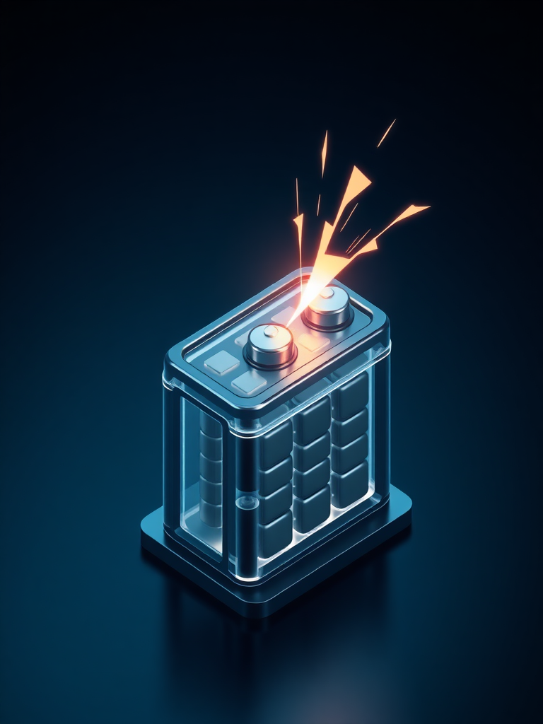 Make an image with realistic and precise expressions, express a secondary battery cell, make it an isometric view, draw a spark coming from the battery, express the background in a cybernetic and luxurious dark blue.