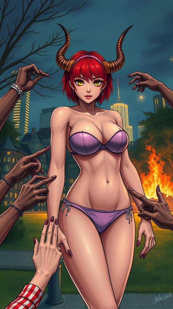 Anime drawing with crayons hands of black-thug rioters next to her touching and grabbing her all over: A seductive hypersexual woman, short red hair, mega-colossal huge massive boobs/tits/breasts that can barely fit in a bikini, horns, yellow eyes, sexy waist, full body, in a park at night with a city on fire.