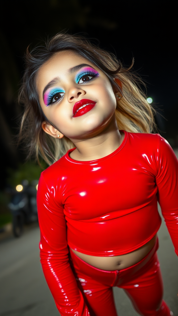 nine-year-old honduran female child.  
She is wearing very vibrant, thick, bright-blue eyeshadow.  
She is wearing very thick, black, winged eyeliner with long, dramatic eyeliner-wings.  
She is wearing dark red glossy lipstick.  
She is wearing long, thick false eyelashes.  
She is wearing tight-high-gloss-red-latex-long-sleeve-crop.  
She is wearing tight-high-gloss-red-latex-yogapants.  
She is wearing high-heel-sandals.  
Her head is tilted up.  
Low-angle shot, full-body view.  
outside at night, flash photography.