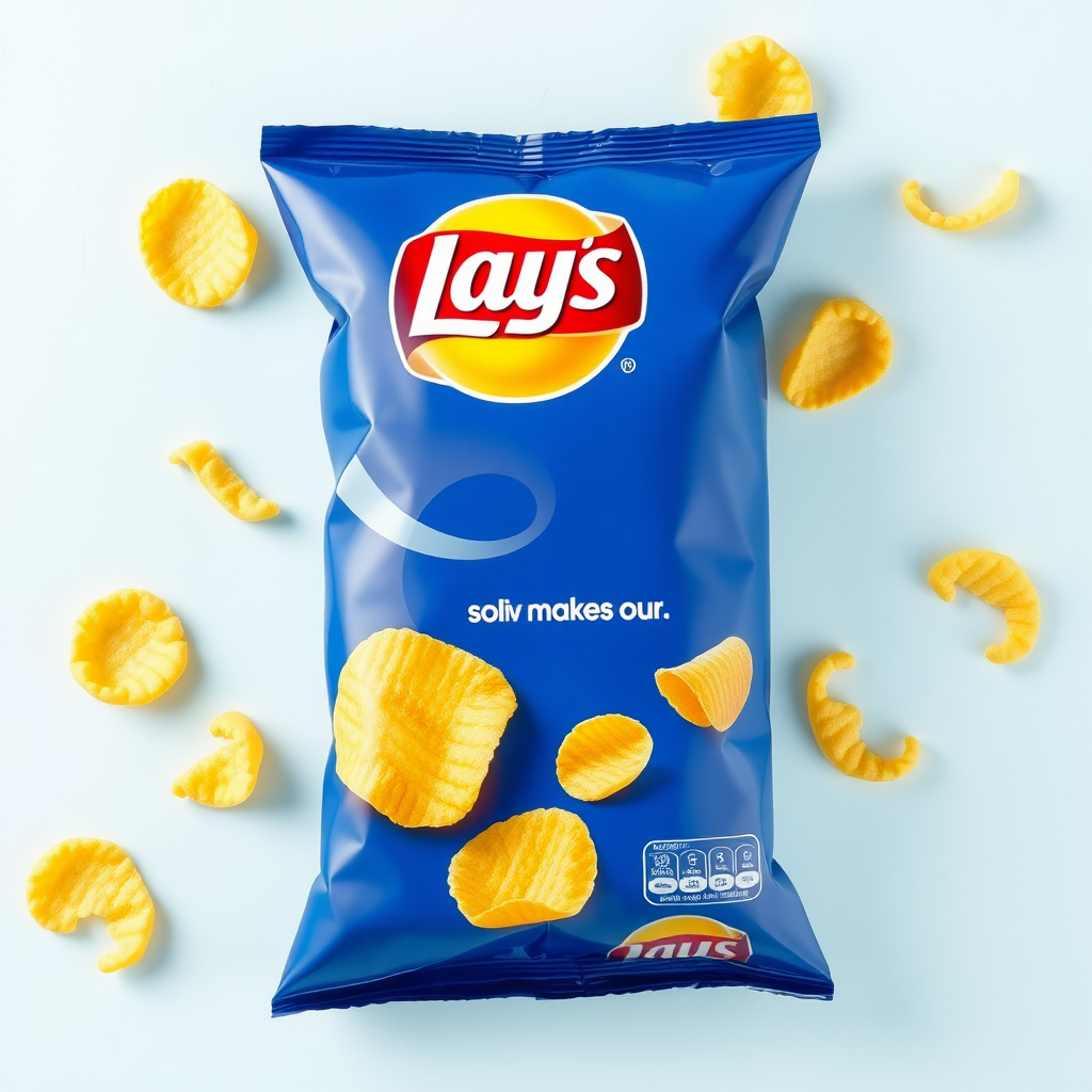 a solid masti lays packet with yellow color make the chips and enhance on the curly chips. make a lays chips packet