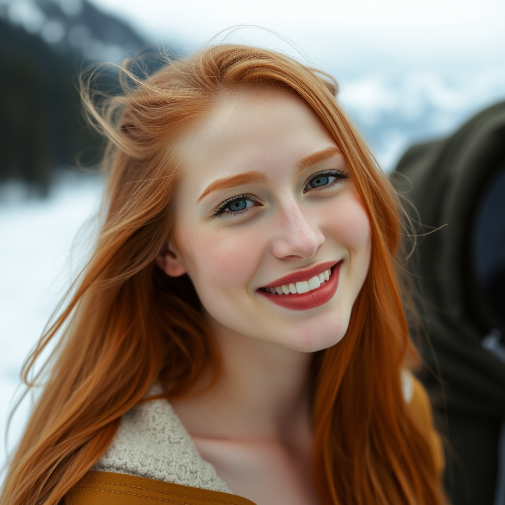 beautiful young woman with ginger long hair, full lips, pale skin, on Alaska, smiling