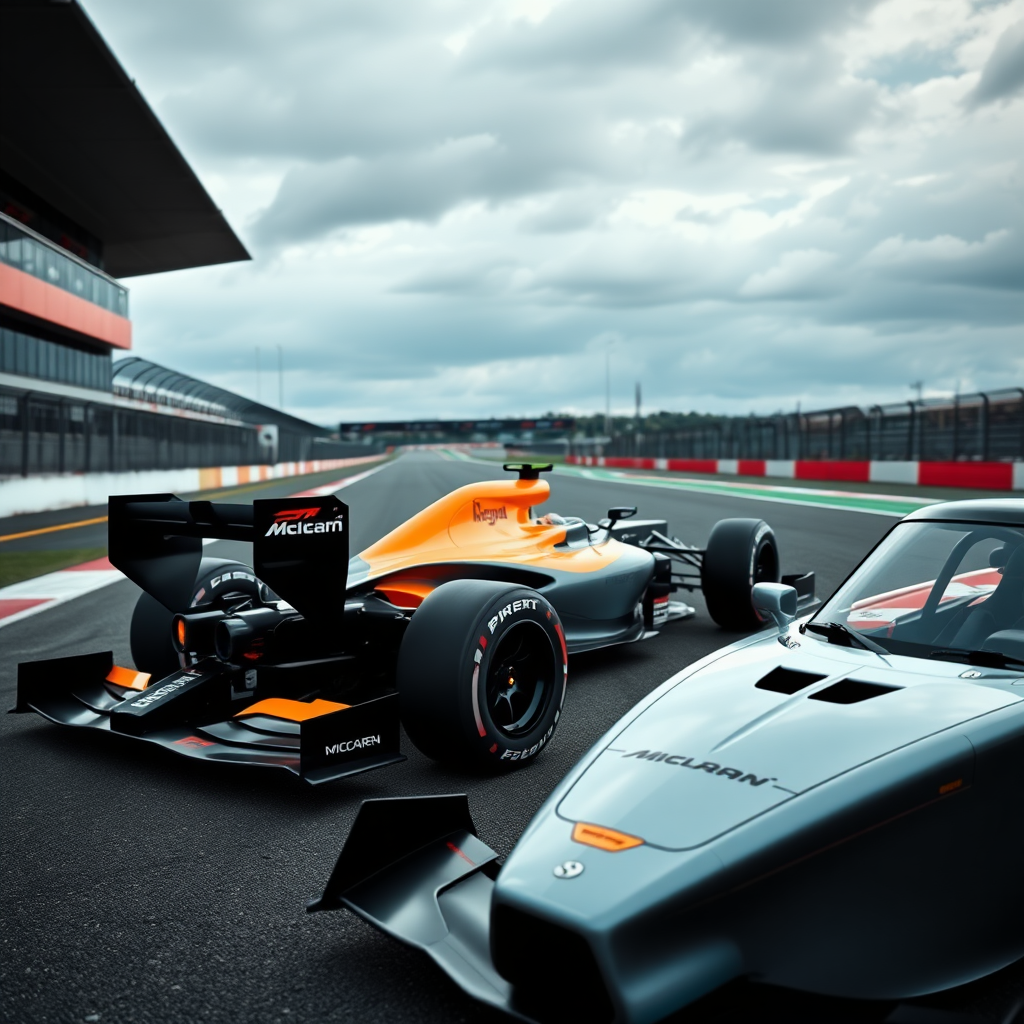 F1 MCLAREN car photoshoot in race track background from right to left