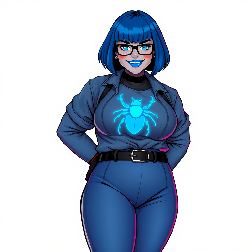 A 28-year-old, full-figured, middle gray metallic-skinned computer program-human hybrid with a maximum blue bob cut. She has a non-athletic build, highlighted by a prominent, round, large midsection. As a digital sidekick, computer hacker, and nerdy girlfriend to her cyberpunk vigilante boyfriend, her middle gray metallic skin and maximum blue lipstick emphasize her digital nature. She wears an oversized maximum blue toned leather shirt with a neon blue beetle chest icon, a black belt with a sapphire scarab buckle, maximum blue pants, and black gloves. Her bright blue eyes, black eyeglasses, and lovestruck smile with neon red blush accentuate her nerdiness. She stands bashfully with her hands behind her back, her bodysuit covering all her skin. Her physique is emphasized. She is on a solid white background. She is drawn as if she was in a retro 2D cyberpunk fighting game.