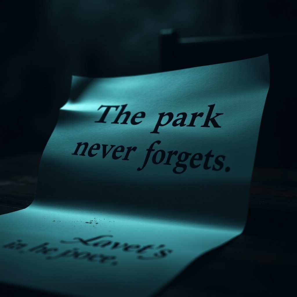 A mysterious letter lying on a table, with the phrase 'The park never forgets' written in an unsettling, jagged font. The background is dark and moody, evoking feelings of dread and curiosity.