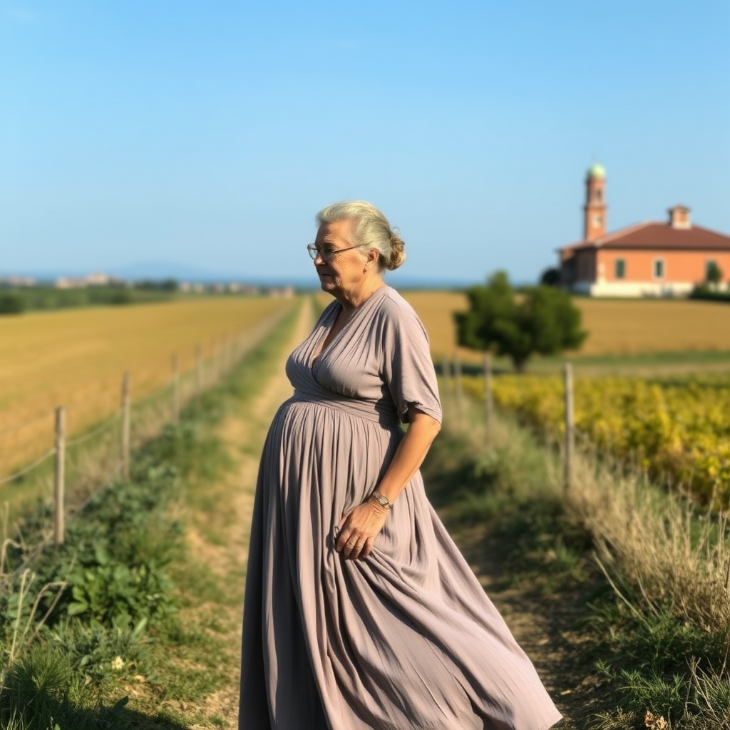 Older woman in a long dress in the Venetian countryside, hair tied up.