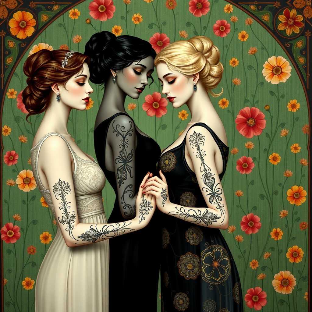 Prompt for painted picture with: In the Max Klimt style. The painted women (one is blonde and one is black-haired) with filigree henna tattoos on their hands and arms stand in front of a green Art Nouveau wallpaper with many small painted colorful flowers. They stand in a circle and hold each other's hands. You have very, very white make-up skin. The hairstyles are updo hairstyles in Art Nouveau.