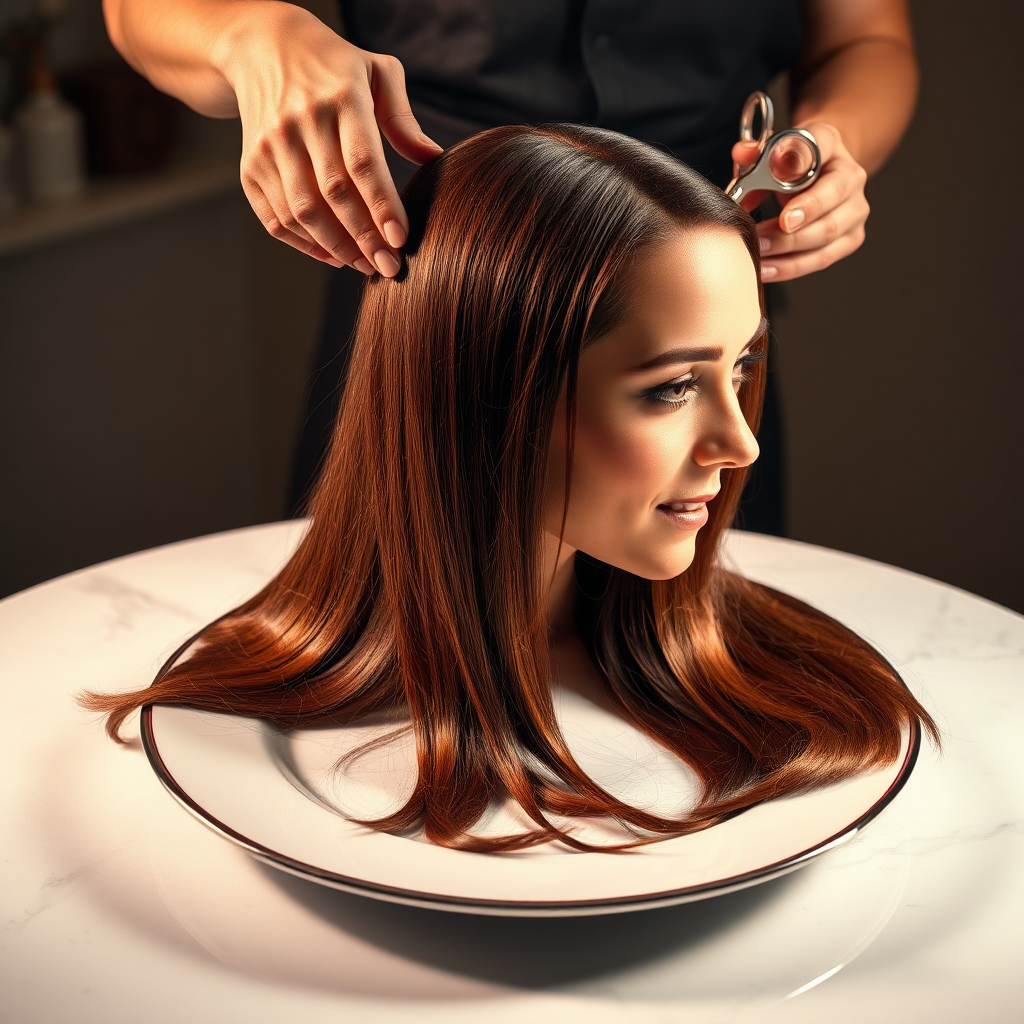 In a bizarre, surreal tableau, the polished surface of an elegant dining plate cradles the disembodied head of a strikingly beautiful Kate Middleton, her long, flowing hair cascading like a glossy waterfall of deep chestnut and honey highlights. The hair is luxuriously arranged, strands shimmering under the soft, ambient light that bathes the scene in an ethereal glow.

A skilled hairdresser, clad in a sleek black apron, stands poised with a pair of gleaming scissors, carefully trimming the endlessly luxurious locks that frame Kate's serene, almost ethereal features. The air is thick with the scent of salon products mingling with delicate hints of floral fragrances, creating an unusual yet strangely inviting atmosphere. The hairdresser's focused expression reveals a meticulous dedication as snippets of hair fall gracefully onto the pristine plate, echoing a sense of both artistry and absurdity.

The overall emotional tone conveys a dreamlike quality, inviting viewers to ponder the juxtaposition of beauty, identity, and the bizarre circumstances that bind them in this extraordinary moment.