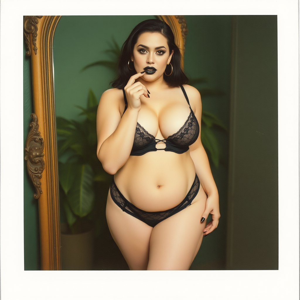 An old polaroid photo. There is a color tint to the photograph and visible light leaks. The photo depicts a sexy woman. She is curvy and thicc. Her skin is pale. She is gothic and wears seductive makeup with long eyelashes and black lipstick. Her mascara is running as though she has been crying. She has large breasts with ample cleavage. She is wearing a skimpy thong that leaves a gap between her pubic area and thigh. The fabric of her thong is black lace. Her bra is translucent and mesh. Her whole body is visible as a reflection in an ornate floor length mirror. She is in a photography studio with textured green walls and plants are all around behind her. Her skin has a natural texture with visible pores and imperfections. She is biting one of her fingernails seductively. Her nails are painted black.