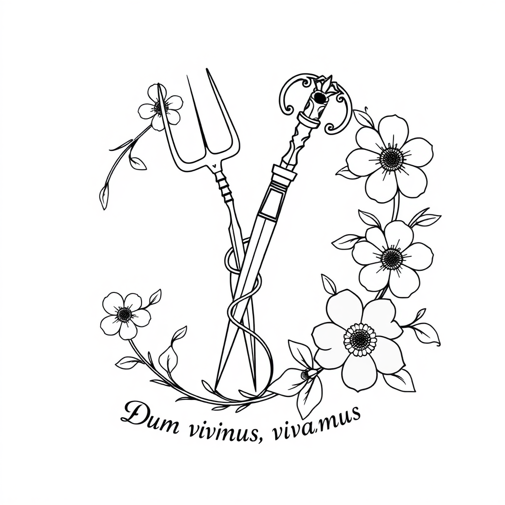 a black on white, floral, line design containing a scalpel, an asclepius staff, and a line of text saying "Dum vivimus, vivamus"