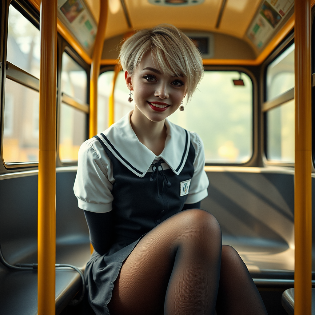 photorealistic, ultra high resolution, 16K, surreal fantasy, soft studio lighting, a pretty 18 year old goth male, slim male physique, short blonde hair, goth makeup, earrings, sheer black pantyhose, UK girls-school uniform, Mary-Jane shoes, sitting in the school bus, excited smile, facing the camera.