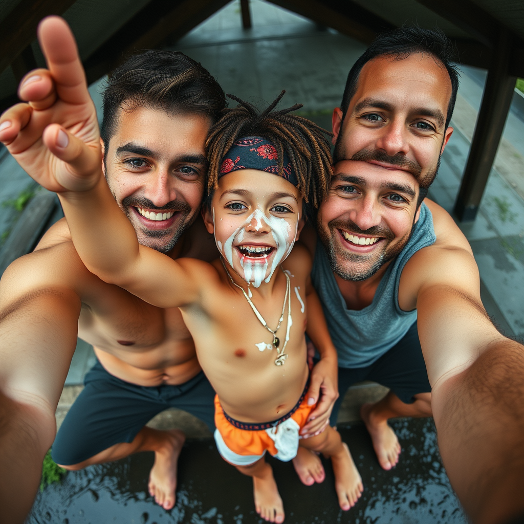 aerial selfie, selfie stick, confident athletic little barefoot boy with adorable hair and freckles snuggling his dads, the boy is splattered with runny clear white mucous covering his face and drooling from his little mouth and dreadlocks and toes, he has braces, wearing a bandana and shirtless and in tiny little fitted trunks, his dad looks like his mind is blown by his little son, dads have hairy legs and barefoot, dark rainy rest stop picnic shelter