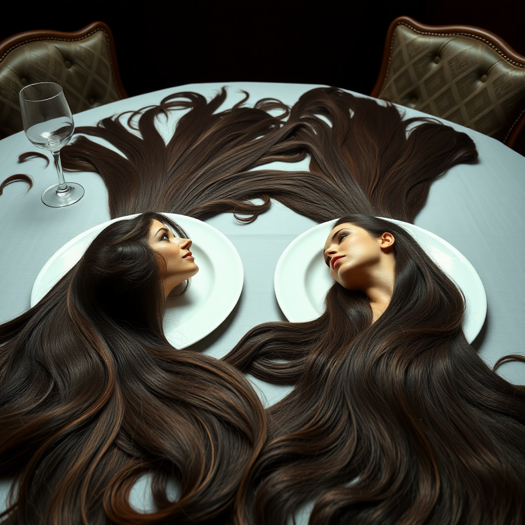 Surreal image of the disembodied heads of very long haired Meghan Markle and Kate Middleton served on plates. Their beautiful hair spread out all over the table.