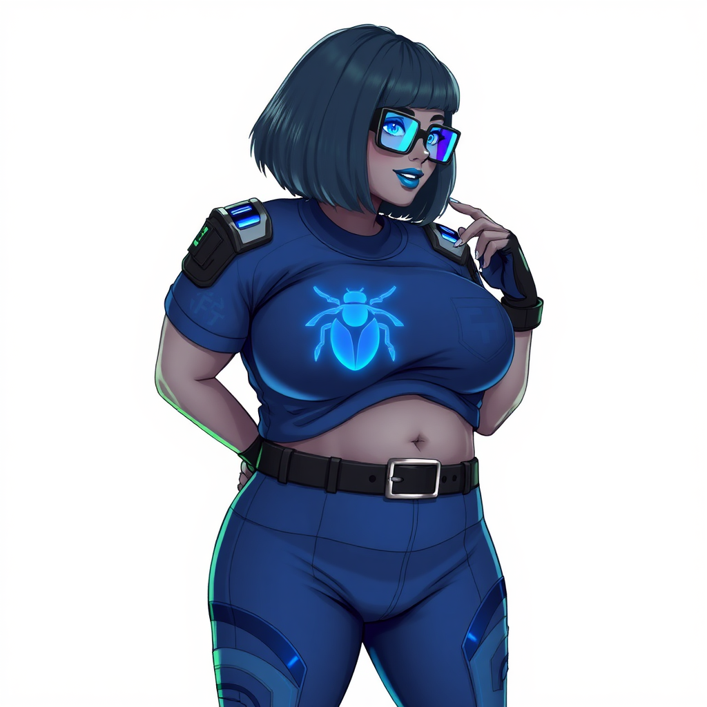 A 28-year-old, full-figured, metallic middle gray (N5) skinned computer program hybrid with a maximum blue bob cut. She has a non-athletic build, highlighted by a prominent, round, large midsection (with emphasis on her belly), which shows the effects of her new love of junk food acquired from her boyfriend. As the full-figured, nerdy, digital sidekick to her cyberpunk vigilante boyfriend, her metallic middle gray skin and maximum blue lipstick (5PB 5/12) emphasize her digital nature. Her skin has a subtle, animated glow, with digital patterns occasionally flickering across it, making her digital nature obvious. She wears a digital, computerized costume, consisting of a huge, tight-fitting, maximum blue t-shirt (5PB 5/12) with a neon blue glowing chest icon of a beetle, hi-tech shoulder pads with neon blue accents, a black hi-tech belt with a digital neon blue glowing buckle, digital maximum blue biker pants (5PB 5/12) with neon blue accents, and black hi-tech fingerless biker gloves with neon blue glowing accents. Her neon blue glowing eyes, black eyeglasses with neon blue glowing lenses equipped with a built-in HUD, and bashful smile with neon red blush accentuate her nerdiness. She stands bashfully with one hand behind her back and the other hand gently touching her cheek, her costume covering all her skin and emphasizing her full-figured physique (especially her belly). She is clearly non-athletic, with a focus on her full-figured physique. Despite her build, she radiates beauty. She has a slim face compared to her physique, accentuating her radiant beauty. She is on a solid white background. She is drawn as if she were in a retro 2D cyberpunk fighting game.