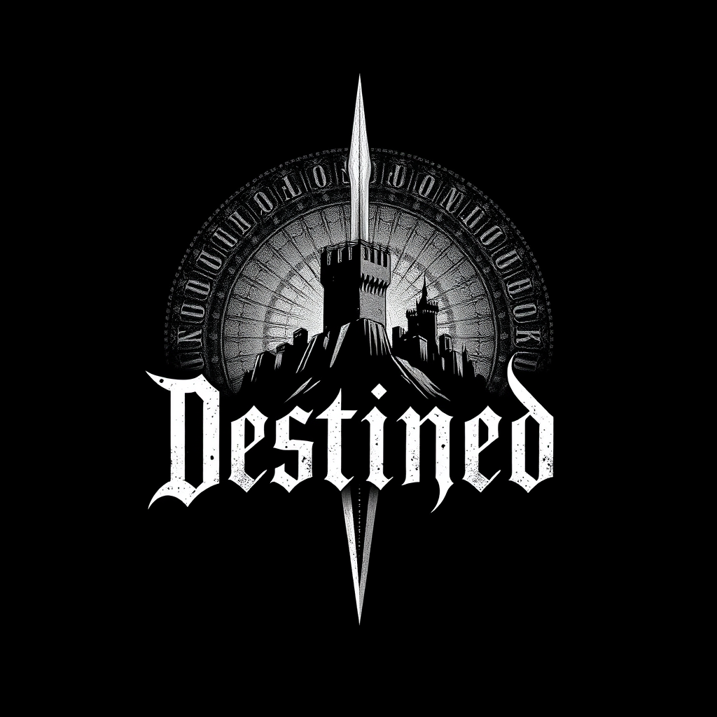 "Destined" with a sharp fort on a black background and with font