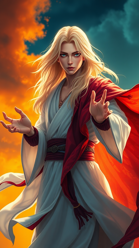 young man, feminine, long blonde hair, blue eyes, flowing white robe, hands, showing hands, flowing red burned tattered cape, levitating. orange and blue background. epic heroic pose, fantasy, photo, realistic, cinematic, masterpiece, HD, 8K, High Contrast anime