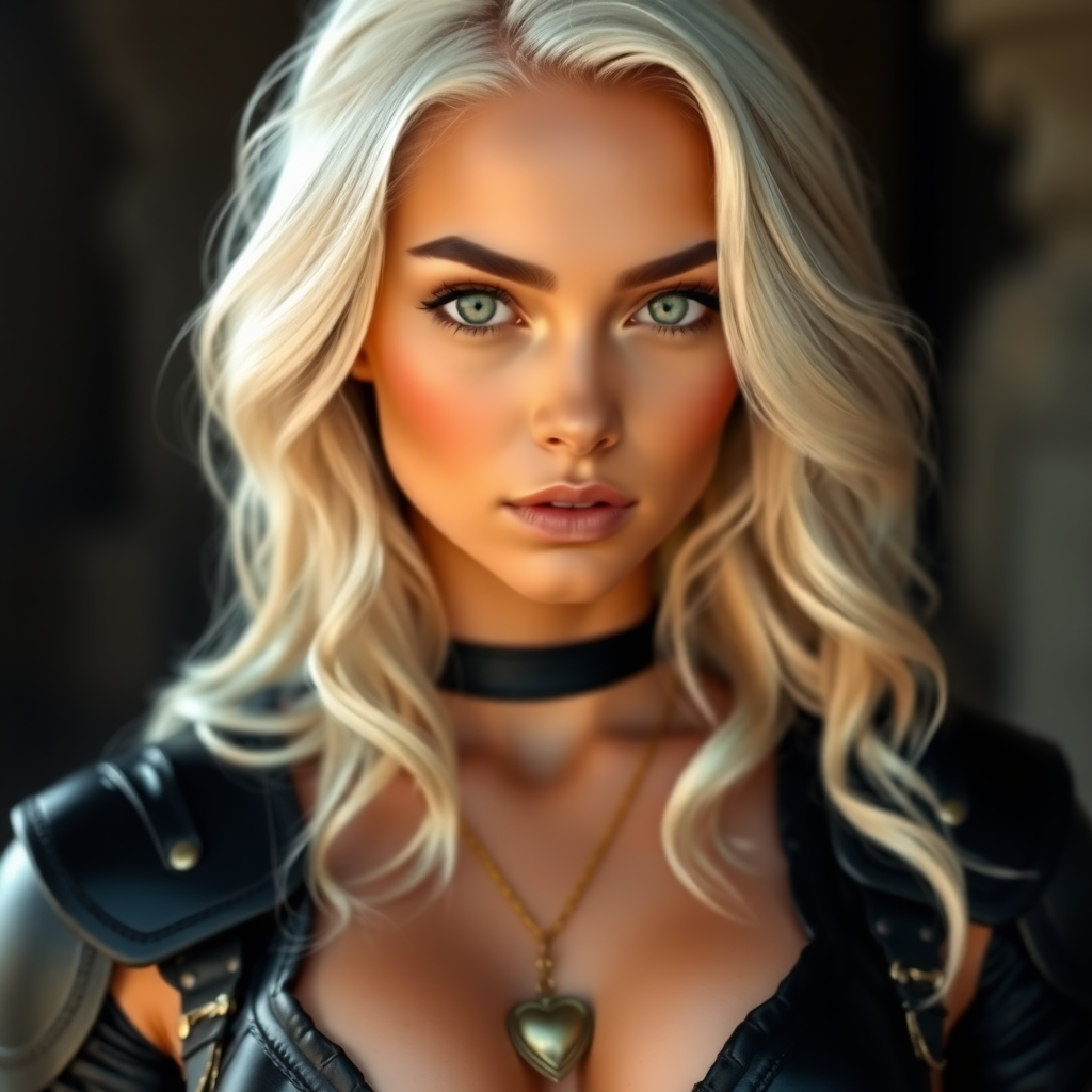 Portrait of a beautiful young woman with long wavy platinum blonde hair, green eyes, a suntan, light brown eyebrows, and large breasts. She is wearing black leather armor and a gold necklace with a small heart pendant.