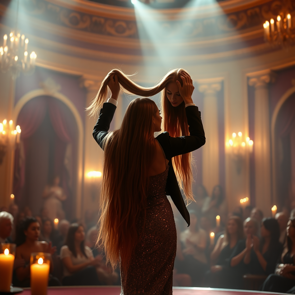 In a grand, opulent theater bathed in soft, ethereal lighting, a mesmerizing stage captures the audience's rapt attention. The atmosphere is thick with anticipation, as a beautifully adorned female magic assistant stands poised in the spotlight. Her incredibly long, flowing hair cascades down her back like a shimmering waterfall, catching the light and reflecting shades of gold and copper. Dressed in a fitted, sequined gown that sparkles with every movement, she exudes both elegance and an air of mystique.

As the magician, clad in a classic black tuxedo with a crisp white shirt and a top hat tilted at a jaunty angle, prepares to perform his illusion, the audience collectively holds their breath. The air is electric with suspense, the faint rustle of fabric and the soft gasps of onlookers creating an intimate symphony of curiosity. The magician raises his hands dramatically, and the atmosphere grows tense, heavy with a sense of the extraordinary.

With a swift, theatrical motion, he completes the trick, and to the astonishment of the crowd, the assistant appears to be beheaded—a breathtaking illusion that mixes artistry with horror. As he triumphantly grasps her long, flowing hair, the severed head is held high for all to see, the delicate features still exuding a serene grace. The audience erupts into a cacophony of shocked gasps and thrilled applause, their faces illuminated by the flickering candlelight that dances around the room, blending fear and fascination in a palpable emotional cocktail.