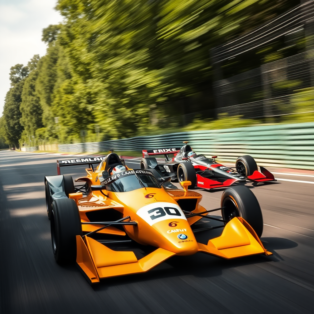 two formula e cars whizzing along at high speed.