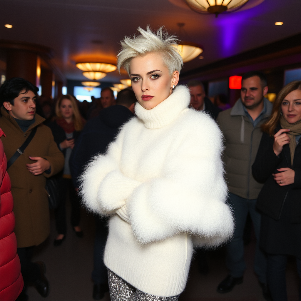 1990 winter evening, crowded cinema lobby: Sam, 19 years old beautiful involuntary femboy, rebellious intractable character, short petite boyish figure, platinum blond boyish rebel punk hairstyle, flawless heavily made-up face with sharp arched tattooed eyebrows, wearing Supertanya-style fluffy very fuzzy bright white angora thigh-length turtleneck-poncho fully covering body and arms, silver-glitter leggings, black leather high-heeled pumps, silver earrings, puzzled alarmed, pout serious, impatiently waiting for her master. Other taller visitors watching laughing taking pictures. Full view of scene.