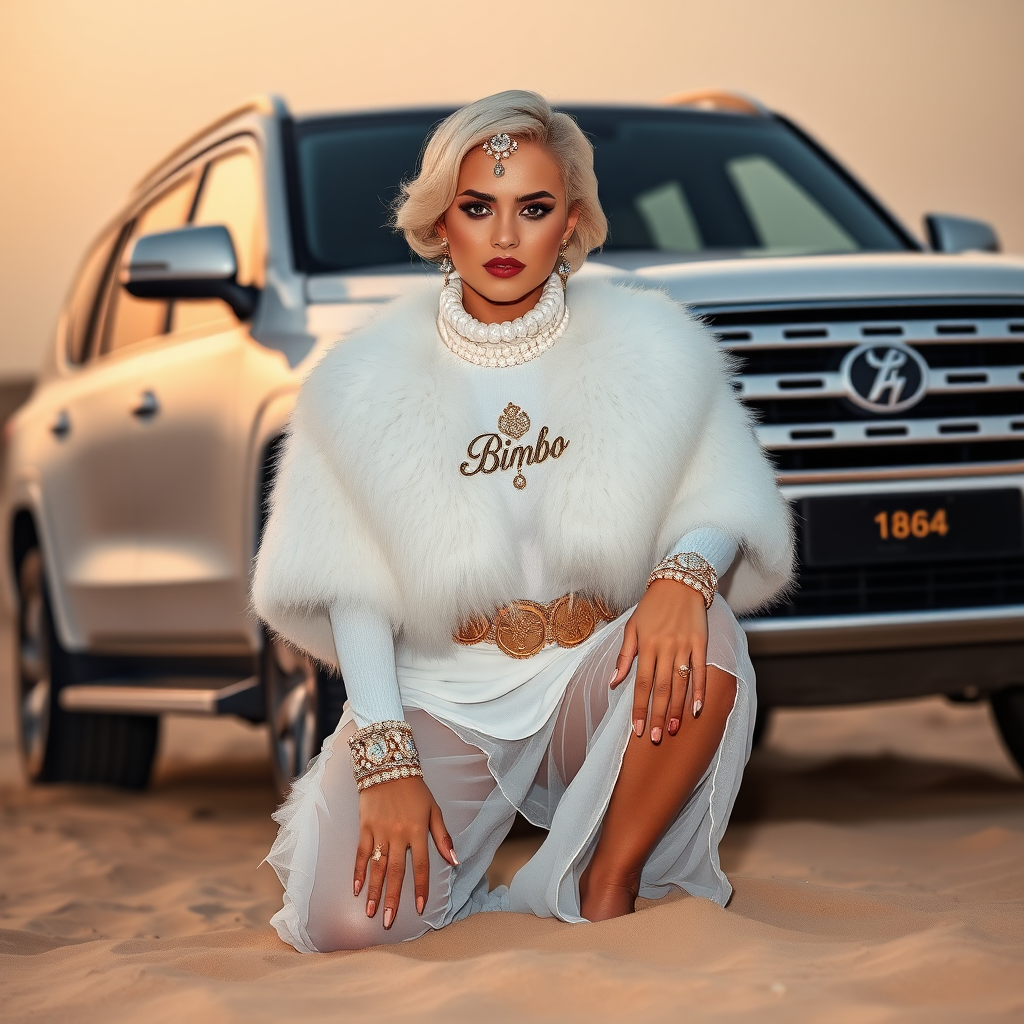 Kuwait desert dunes misty dawn, full size luxury SUV: Melissa, European 17 years old very convincing femboy “trophy-bimbo”, tamed servile docile, very beautiful feminine flawless face, rather short, by hormones very curvaceous womanly figured, platinum blond short tight curls, bold red lips, long white French nails, heavily made-up face, wearing Supertanya-style fluffy very fuzzy bright white angora turtleneck-poncho cropped ending under bust decorated with pearls and glass stones, striking oriental wide gold bridal protection belt, white fully transparent harem pants, full Oriental bridal jewelry including headpiece, nose-ring, coin wristlets, coin anklets, striking diamond “Bimbo” letter brooch on left chest, thick heavy pearl wristlets, pout frustrated, kneeling in sand in front of SUV, looking at camera. Focus on face and turtleneck-poncho.