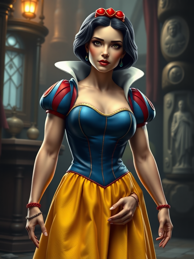 Create a hyper-realistic render depicting Snow White with the full-body physique of Duke Nukem. Retain Snow White's head, but adjust her dress to fit her new muscular proportions, altering the body structure and silhouette to match a masculine build while maintaining feminine facial features. Design a background setting that harmonizes elements from both fairy tale and action hero genres to complement the transformed characters. Ensure the scene is cohesive and visually striking, blending the magical essence of Snow White with the dynamic intensity of Duke Nukem.