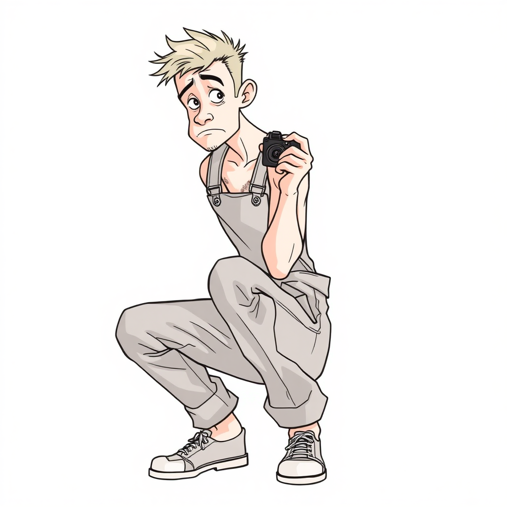 shy nervous small 18 year old european skinny man, coveralls, tense fabric, taking a picture, squatting, fascinated, side view, detailed feet, 2D, caricature, cartoon, Sketch lines, coloring book, coloring book