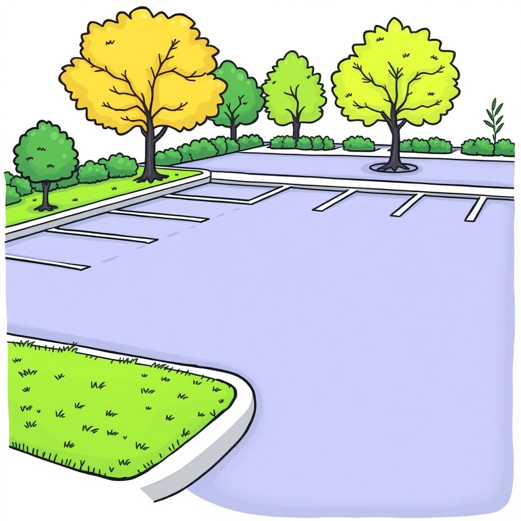 a small 5-space parking lot, borders, lawn, colorful image long establishing shot, 2D, caricature, cartoon, Sketch lines, coloring book, coloring book style on white background, well composed, clean coloring book page, No dither, no gradient, strong outline, No fill, No solids, vector illustration, realistic proportions, left side view, low angle