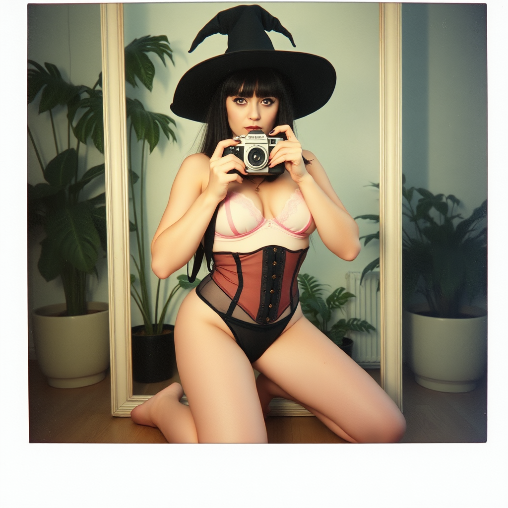 An old polaroid photo with a color tint to the photograph and visible light leaks. The photo depicts a reflection of a sexy alt goth girl with pale skin and black hair taking a self-portrait with an old film camera. She has a plump booty. Her mascara is running. She has large breasts with ample cleavage, and she is wearing a skimpy g-string that leaves a gap between her pubic area and thigh. The fabric of her g-string is skimpy and pink and white and barely covers her, and her bra is translucent and pink and white. She is in a photography studio with artistic lighting and plants are all around behind her. She is kneeling with her knees spread apart above a large mirror. Her underwear is damp. She is wearing a witch hat. She is also wearing a black underbust corset.