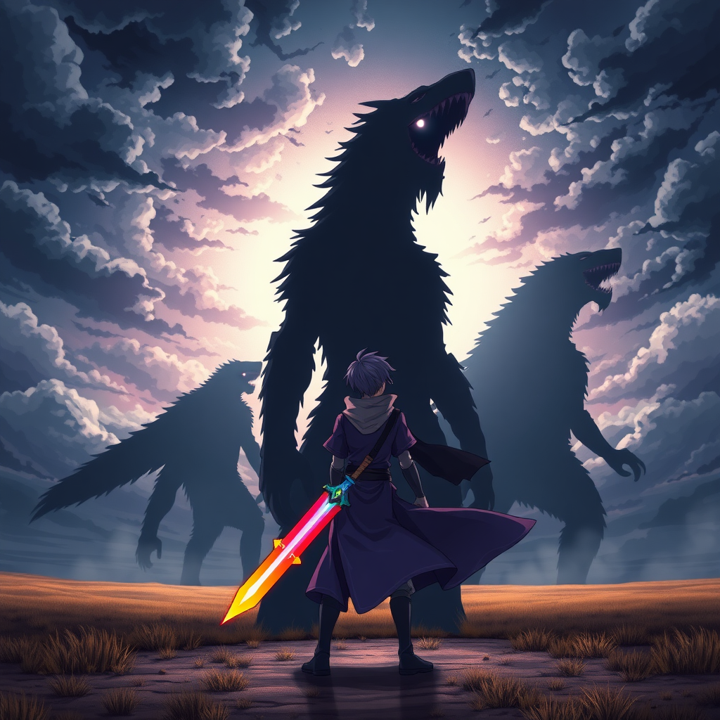 (Anime Style Art), An apocalyptic background, dark skies, plain-field, 3 giant-beings made of black shadow pure-darkness with only 1 white lens flare as an eye, (The Roaring titans), a badass young-teenage boy with purple hair and purple-knight wear holding a rainbow-flaming sword stands backside