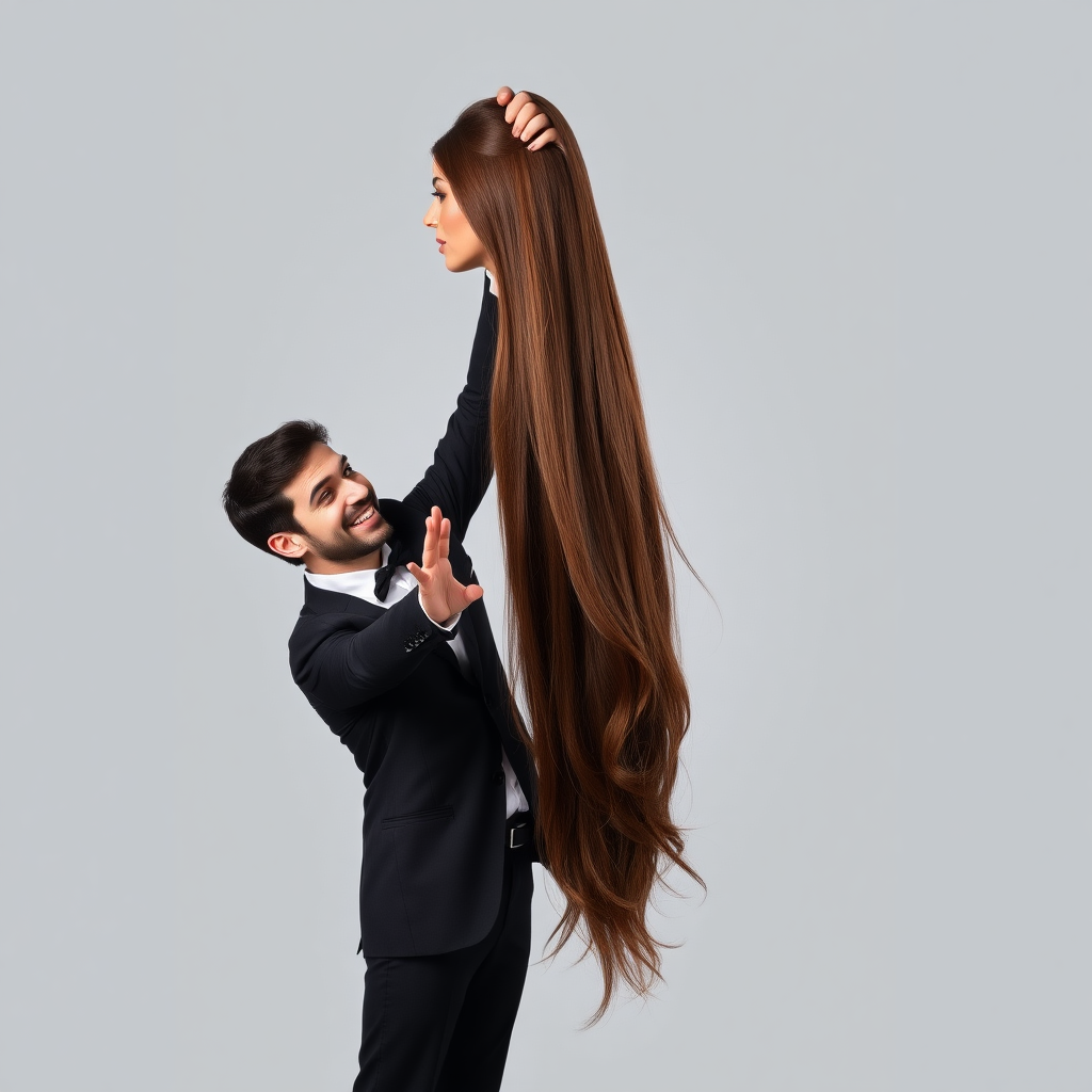 A surreal image of a smiling male magician standing to the side while holding up the disembodied head of a very long haired Kate Middleton. He is grabbing her very long hair and pulling it up high in the air, while her head is hanging by her hair from his grasp to display it to the camera. Plain gray background.