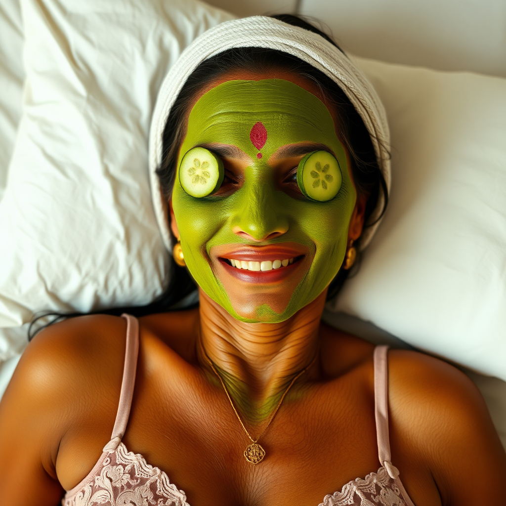 A skinny, traditional, 30 year old indian wife with hair covering, wearing a bra, lying on a bed. Her face is covered with green face mask, and her eyes are covered with cucumber slices. She looks satisfied from her facial expression.