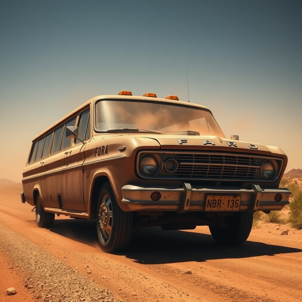 Ford Falcon Mad Max post-apocalyptic dust rusty zombie the bus is parked on the side of the road, inspired by Taiyō Matsumoto, Tumblr, restomod, nd4, c4