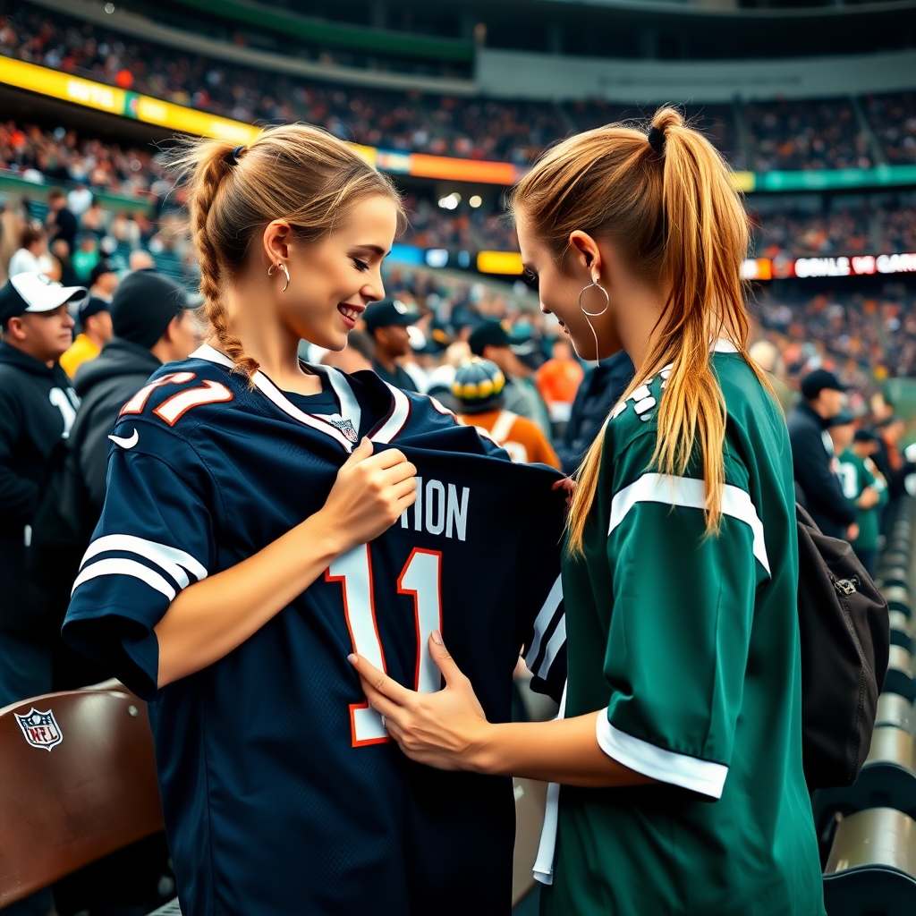 Attractive female NFL fan, pigtail hair, at crowded bleacher row, holding a spare jersey, asking a player to write an autograph on the spare jersey, in NFL stadium