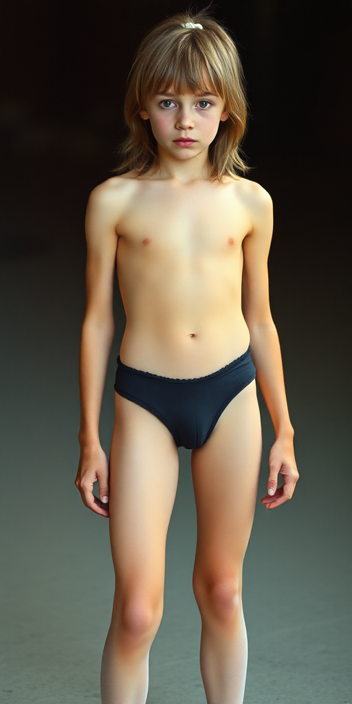 A skinny 14yo teen boy, long hairs bow cut, wearing tight narrow thong, garter belt, long stockings, long legs, narrow thighs. full-length view. 1970s. photorealistic, ultra high resolution, 16K, Negative: grainy, blurry, bad anatomy, extra limbs, watermark.