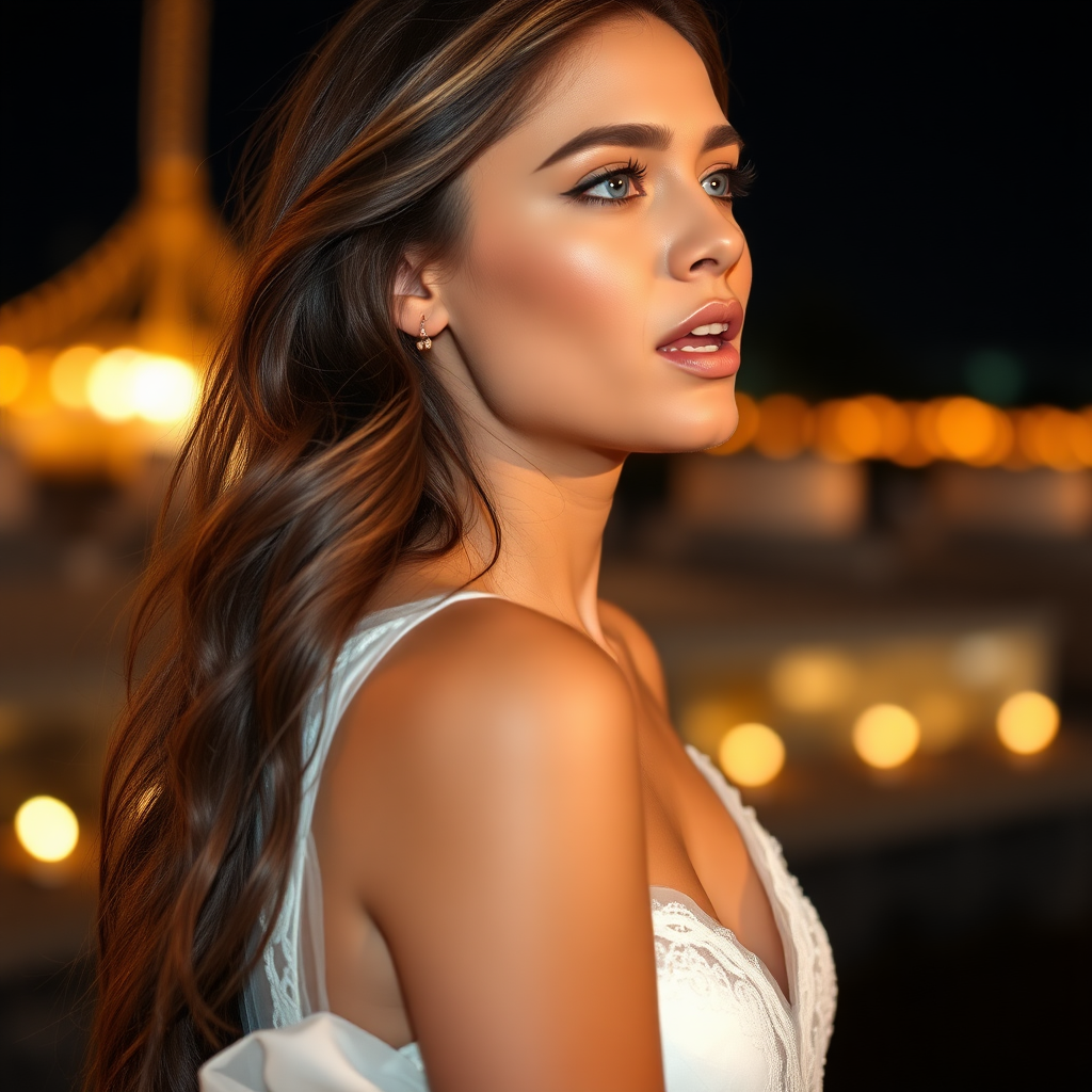 a young woman singing. long brunette hair with highlights, bright blue eyes. suntanned skin. small lips colored pale rose. looking to the side. wearing an elegant long white dress with transparent lace. view from far. night sky in background. photo