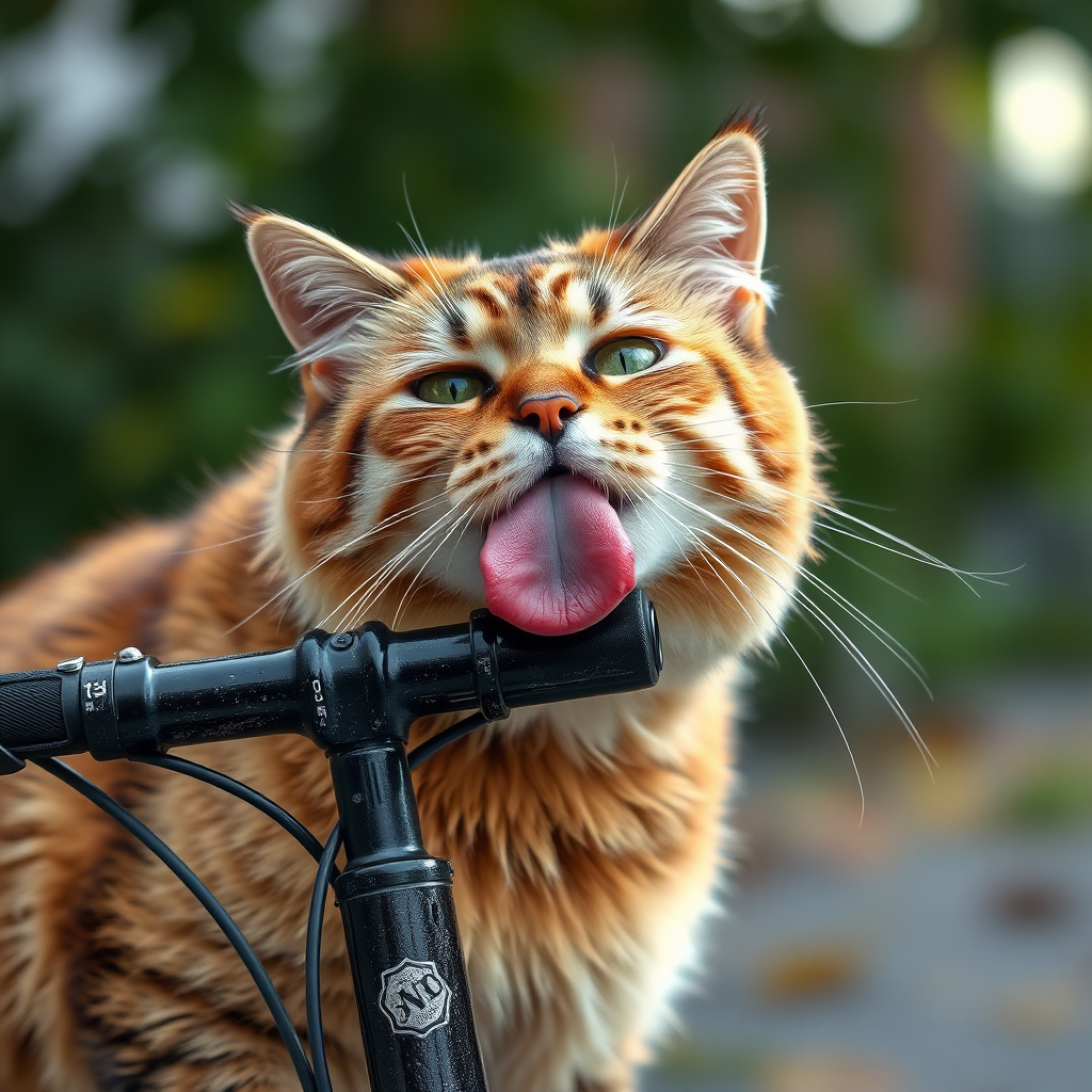 cat licking bicycle