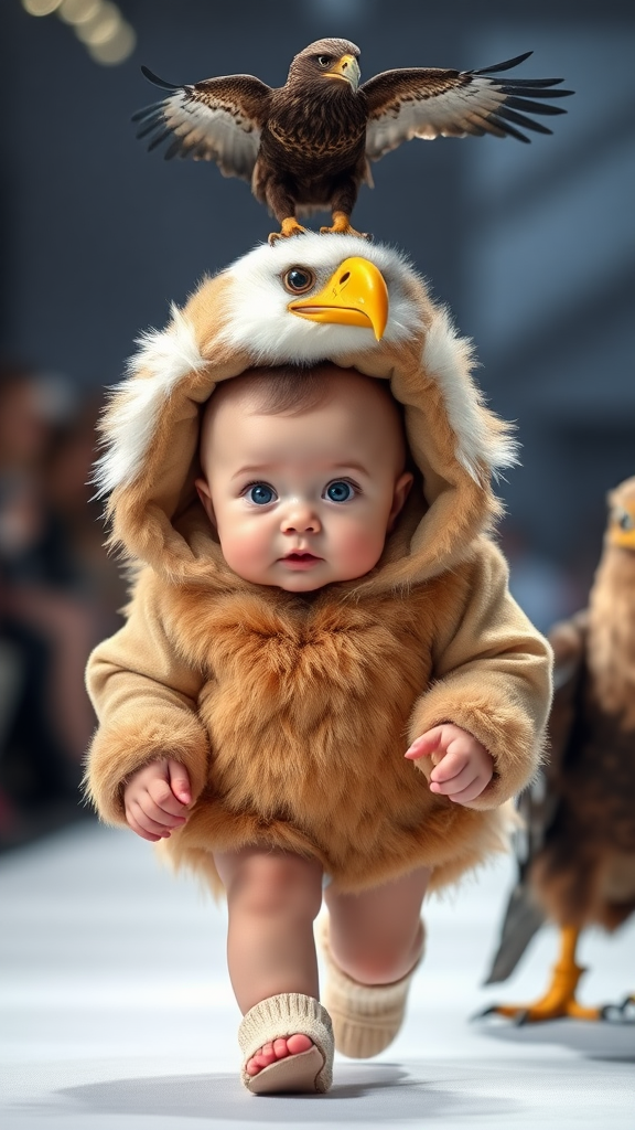 A cute small chubby fair baby with big eyes, pink lips, and pink cheeks, wearing a furry cozy eagle costume, doing a ramp walk in a fashion show while walking with a real eagle, with a cinematic eagle sitting on the baby's head.