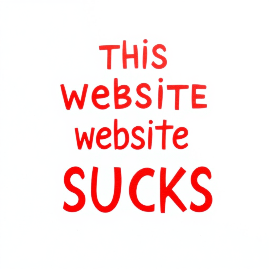 a simple monotype red text against a white background reading "THIS WEBSITE SUCKS"