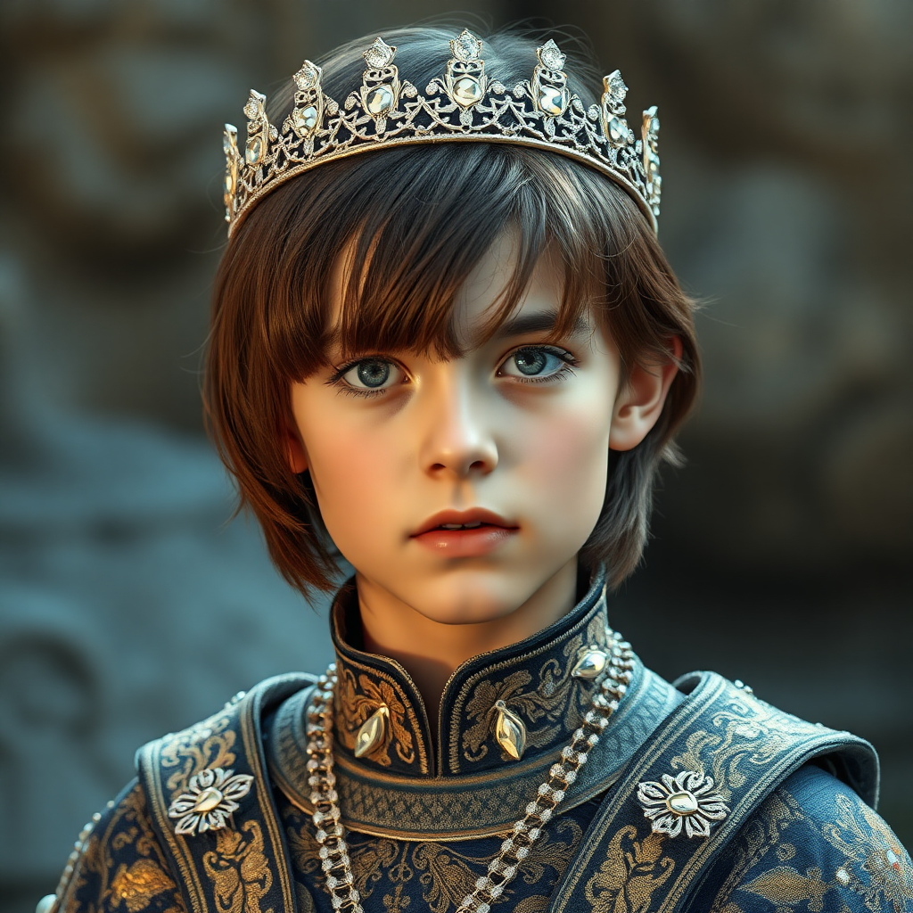 16yo teen boy prince, long bob cut, embroidered with gold and diamonds medieval cloths, diamond diadem. photorealistic, ultra high resolution, 16K,