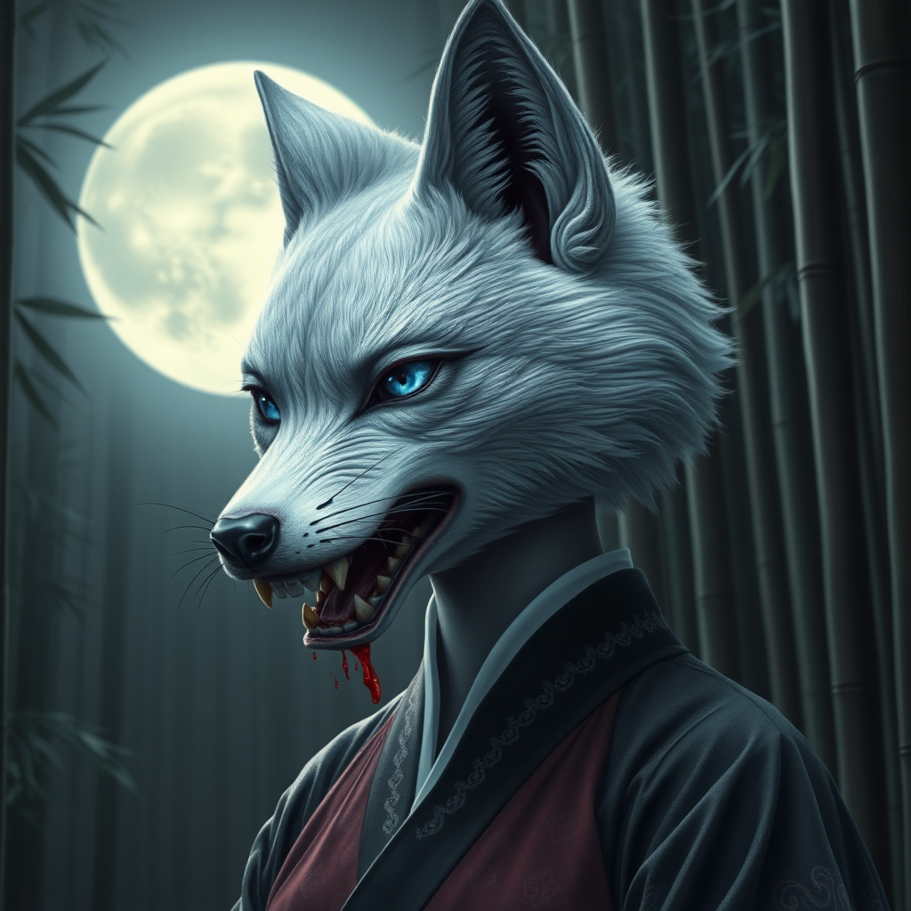 photorealistc style eerie-looking kitsune-silverfox head with blue eyes on a ancient female Korean big breasted hanbok women body with baring teeth with blood on the fox teeth, in front of the full moon in a bamboo forest