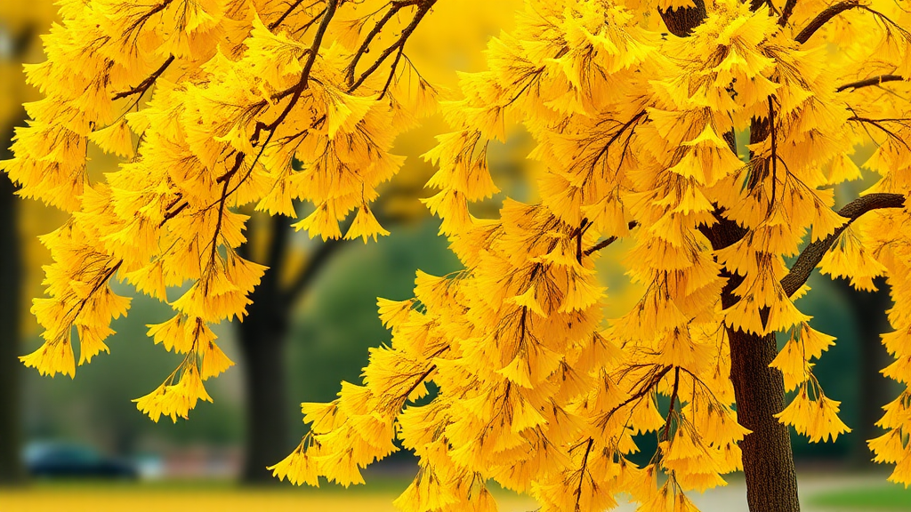 A realistic yellow ginkgo tree, the layout is a large yellow ginkgo tree placed entirely on the right, with ginkgo leaves falling underneath, and the background expressed as out of focus.