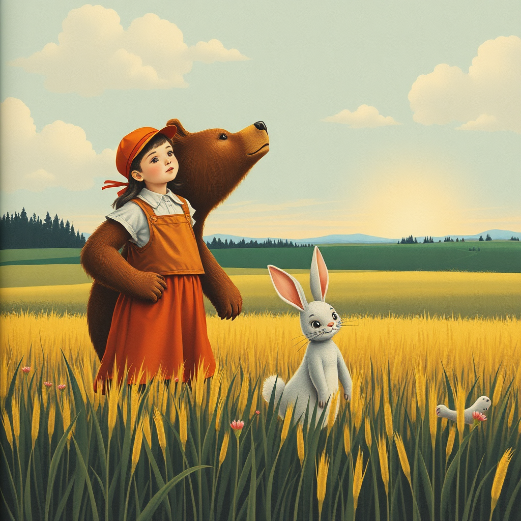 a big strong soviet poster USSR working girls bear and bunny in a field looking to the horizon but in the style of children's book's illustration