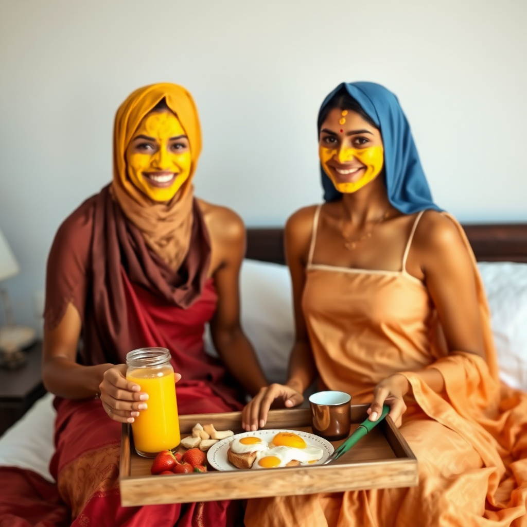 slim, 30 year old, sexy, 2 indian wives, scarf head, turmeric face mask. They are smiling and serving breakfast on a tray on bedside table