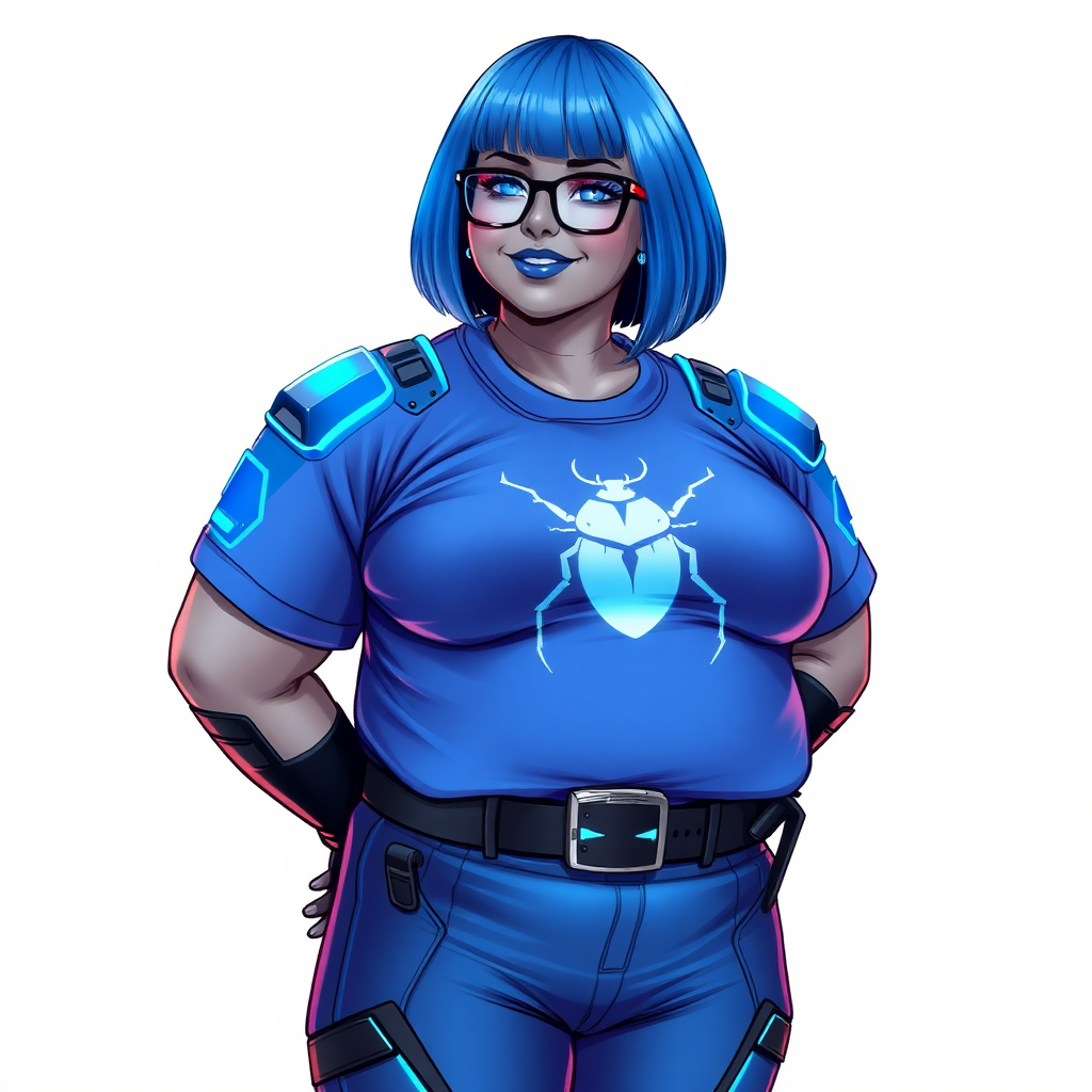 A 28-year-old, full-figured, metallic middle gray skinned computer program hybrid with a vibrant maximum blue bob cut. She has a non-athletic build, highlighted by a prominent, round, large midsection (fully emphasizing her round large belly) while being covered by her large t-shirt, reflecting her new junk food eating habits influenced by her boyfriend. As the full-figured, nerdy, digital sidekick to her cyberpunk vigilante boyfriend, her middle gray metallic skin and maximum blue lipstick underscore her digital essence. She dons a digital, computerized outfit: a large, tight-fitting, high-tech, maximum blue t-shirt with neon blue glowing beetle themed accents complete by a giant neon blue glowing beetle icon on the chest, hi-tech shoulder pads with neon blue accents, a black hi-tech belt with a digital neon blue glowing buckle, digital maximum blue pants with neon blue accents, and black hi-tech gloves with neon blue glowing accents. Her neon blue glowing eyes, black eyeglasses with neon blue glowing lenses equipped with a built-in HUD, and shy smile with neon red blush highlight her nerdiness. She stands bashfully with one hand behind her back and the other gently touching her cheek, her outfit covering all her bare skin and fully emphasizing her full-figured physique (especially her large belly). She is clearly non-athletic, with a heavy focus on her full-figured physique (with full emphasis on her large belly). Despite her build, she radiates beauty. Her slim face contrasts with her physique, accentuating her radiant beauty. She is set against a solid white background. She is drawn as if she were in a retro 2D cyberpunk fighting game.